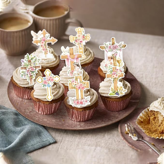 64 PCS Edible God Bless Cupcake Toppers Wafer Paper Dove Cross Baptism Cupcake Picks Edible Floral First Communion Cake Decorations for God Bless Theme Baby Shower Birthday Party Decorations Supplies