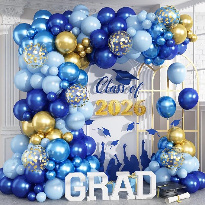 Graduation Balloon Arch Kit Blue and Gold Balloon Garland Royal Pastel Light Blue Metallic Gold Confetti Balloons for Grad Class of 2026 Boss Retirement Prom Birthday Baby Shower Party Decorations