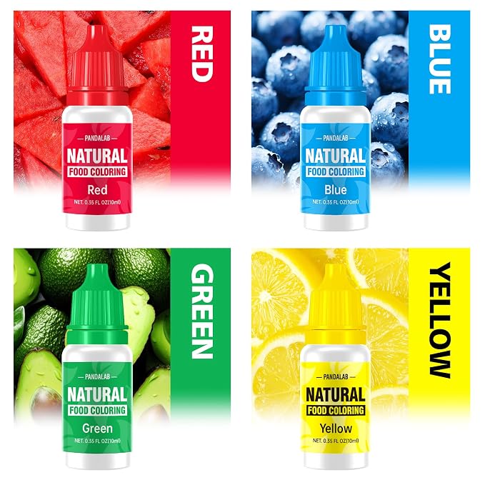 Natural Food Coloring - Pandalab 4 Colors x 10 ml Plant-Based Concentrated Food Dye, No Artificial Dye, Vegan Edible Color for Baking, Cake Decorating, Icing, Frosting, Cookies, Candy