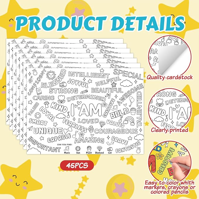 45pcs Positive Affirmations Disposable Coloring Placemats Motivational Crafts for Kids Classroom Mindfulness Activity Coloring Poster Empowering Party Supplies Paper Table Mats