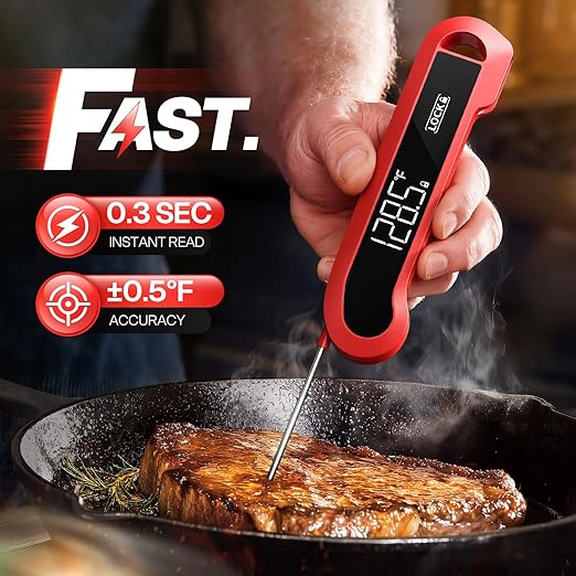 0.3 Sec Instant Read Meat Thermometer Digital for Cooking, ±0.5℉ Precision, Food Thermometer for Grilling, Air Fryer, Smoker, Candy, BBQ Essentials, Kitchen Gadgets, Gift for Dad Him Men, Red