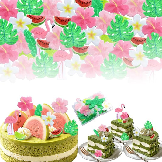 75Pcs Edible Flowers Cake Decorations – Tropical Hawaiian Flamingo Cupcake Toppers, Wafer Paper Edible Flowers for Luau Summer Birthday Party Supplies
