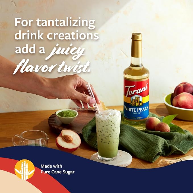Torani Syrup, White Peach Flavoring for Drinks, Glass Bottle with Pump Included, 25.4 Fl Oz