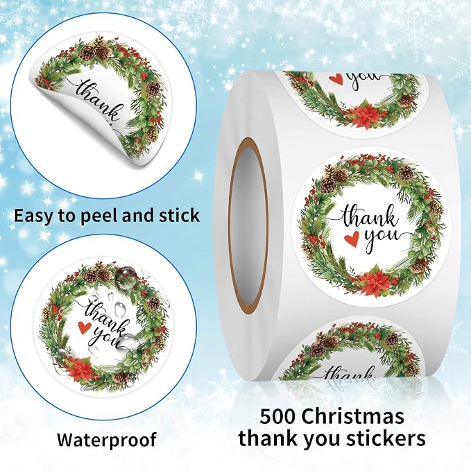 Heyfibro 500 PCS 1.5 Inch Thank You Stickers for Small Business, Baking, Gifts, Envelopes, Weddings (Christmas)