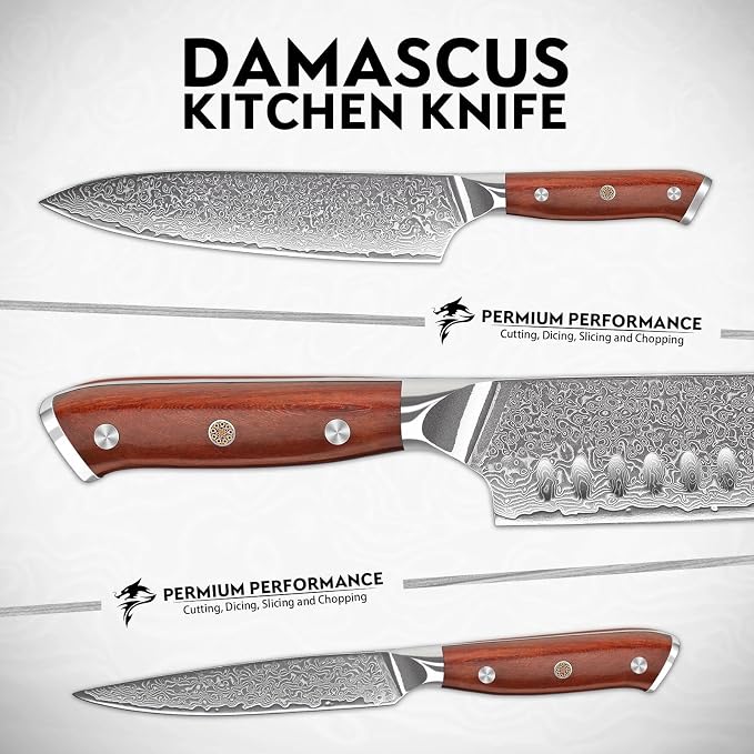 Purple Dragon Damascus Knife Set - 3 PCS Kitchen Knife Set - VG10 Steel Japanese Chef Knives 8 Inch Santoku 7 Inch Paring Knives 5 Inch- Gifts for Men and Women