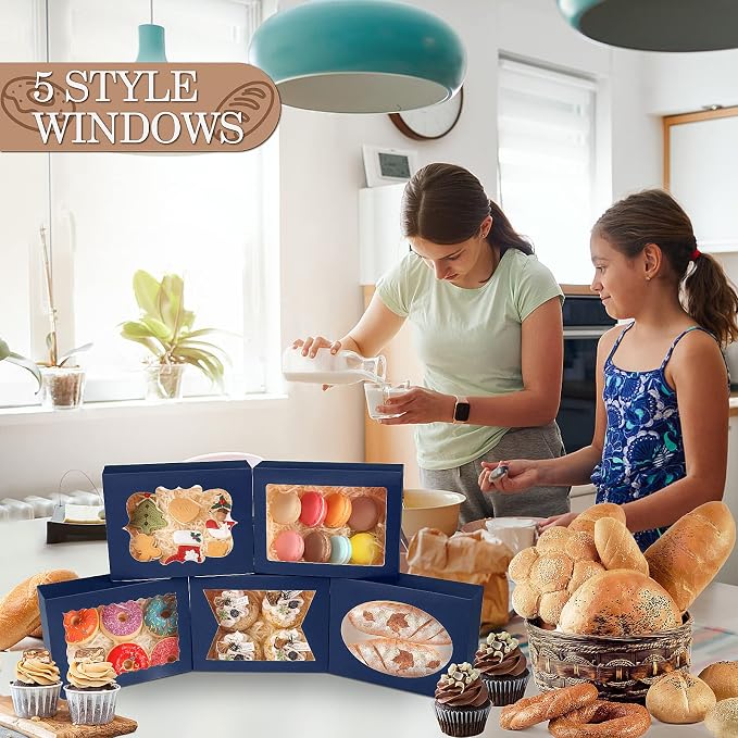 KPOSIYA 65 PCS 8x6x2.5 Inch Cookie Boxes with Window Blue Bakery Boxes Pastry Boxes for Gift Giving, Treat, Dessert, Cupcakes, Chocolate, Strawberries, Donuts, Muffins (5 Style Windows)