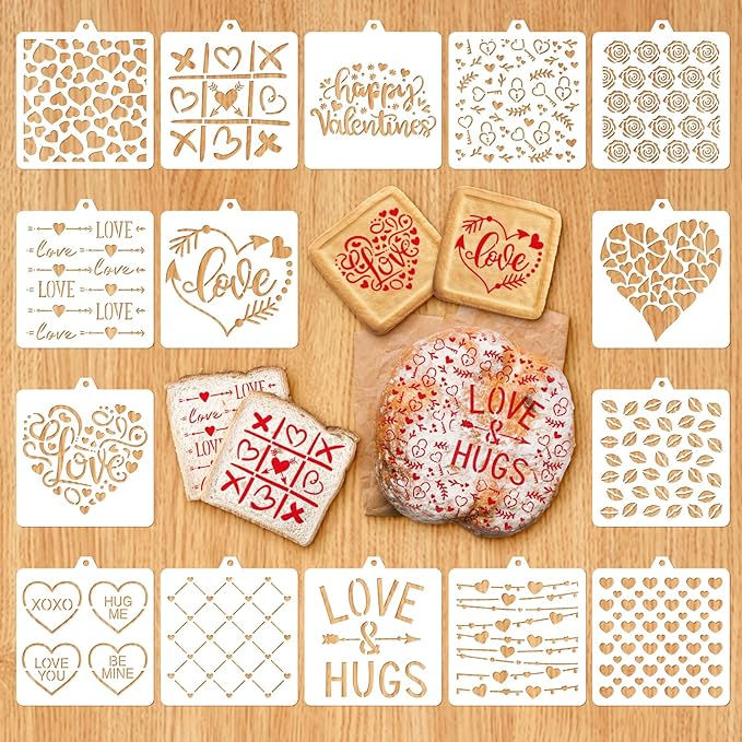 Whaline 15 Pcs Valentine's Day Cookie Stencils Painting Stencils Love Heart Shaped Decorative Cake Baking Templates with Bead Chain for Mother's Day Party DIY Craft Decor, 4.7 x 5.1 Inch