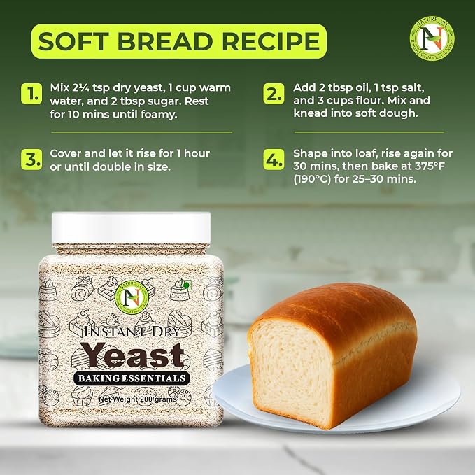 NatureVit Baker's Instant Dry Yeast, 200g | Premium Yeast for Baking Bread, Pizza, Cake, Doughnuts, and Wines | Fast-Rising & Long Shelf Life