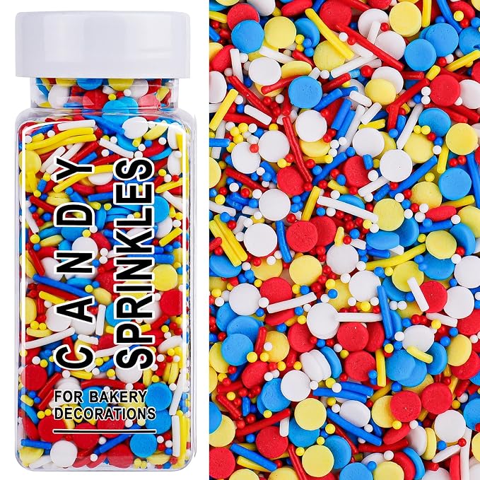 Red Blue Yellow White Sprinkles for Cake Decorating, 4.6oz Ice Cream Sprinkles 3-Mix Nonpareils Confetti Jimmies for Cupcakes Ice Cream Dessert