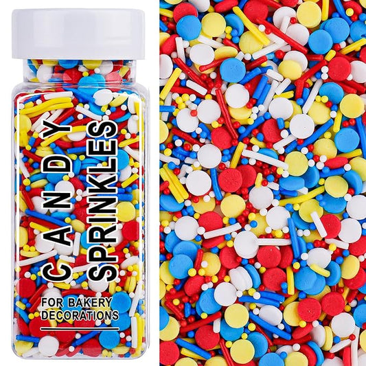 Red Blue Yellow White Sprinkles for Cake Decorating, 4.6oz Ice Cream Sprinkles 3-Mix Nonpareils Confetti Jimmies for Cupcakes Ice Cream Dessert