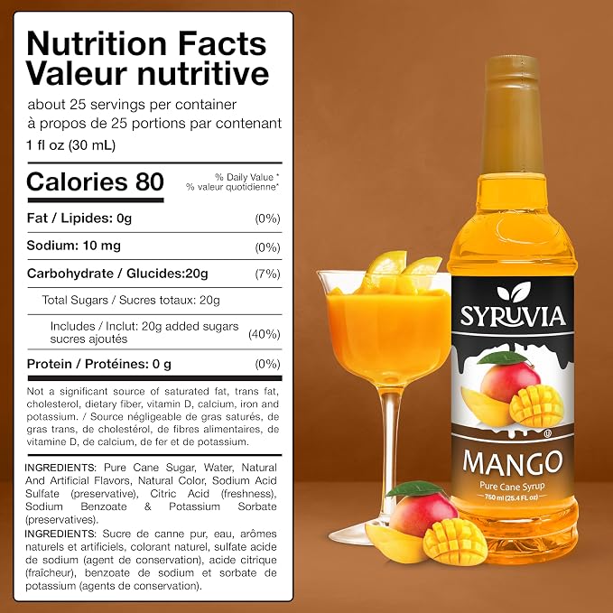 Syruvia Mango Syrup, Flavored Syrup for Cocktails, Fruit Drinks, Lemonades, and Desserts – 25.4 fl oz - with Pump