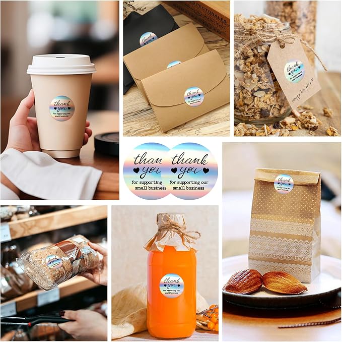 Thank You Stickers Small Business - 1.5 Inch 2 Rolls 1000 Pieces Holographic Thank You for Supporting My Small Business Stickers for Envelopes, Bubble Mailers and Gift Packaging, 500 Pieces Each Roll