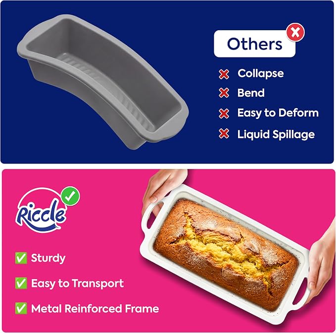 RICCLE Silicone Bread Loaf Pan – 2 Pack, 9.5x5 inch Silicone Molds for Baking with Metal Reinforced Frame - Non-Stick Banana Bread Loaf Pan & Silicone Baking Pan -for Baking Meatloaf