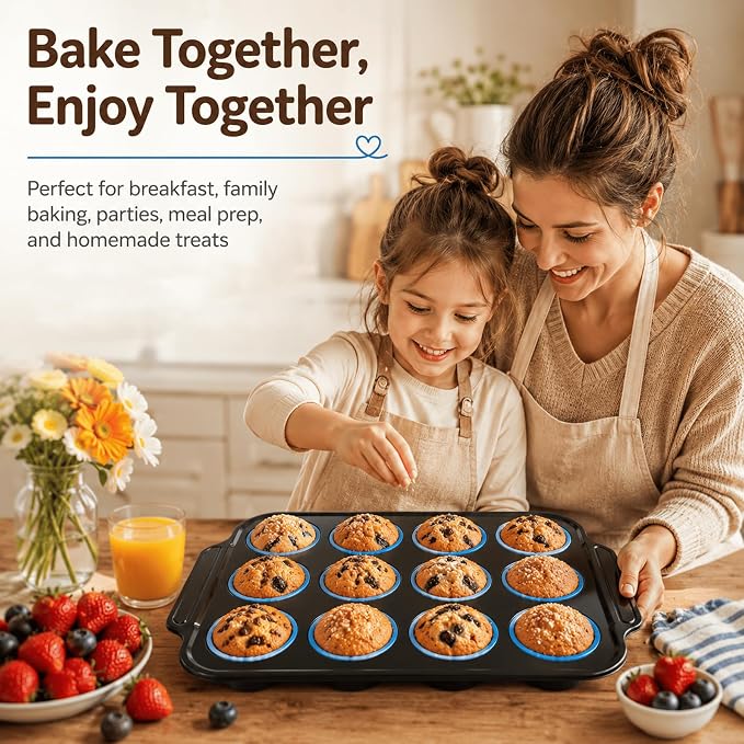 2 PCS Silicone Muffin Pans for Baking with Metal Reinforced Frame, Muffin Tin Egg Bites Mold 12-Cup Regular Size, Nonstick Muffin Cups Tray Easy to Pop Cupcake Pan for Oven & Dishwasher Safe - Blue