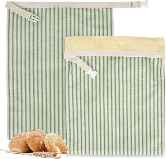 Stripe Reusable Beeswax Bread Bags for Homemade Bread & Sourdough, 2-Pack XL Airtight Food Storage Bags, Organic Cotton Linen Covers - Freezer-Friendly Freshness Preservation Keeps Fresh Longer