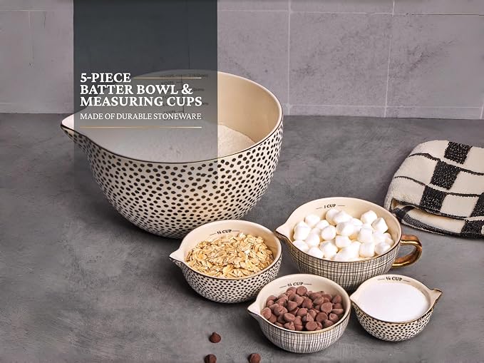 Ceramic Mixing Bowl Set – 5-Piece Measuring & Serving Bowls with Large Mixing Bowl, 1/4 to 1 Cup Measures, Geometric Dot Pattern for Baking, Cooking & Food Prep