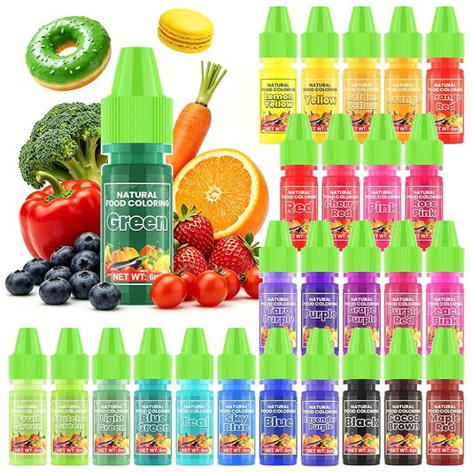 Natural Food Coloring - 26 Colors Artificial & FD&C Dye Free Food Coloring, Liquid Natural Food Dye for Baking, Frosting, Cake Decorations, Icing, Easy to Blend, Stable Color Performance - 6ml/Each