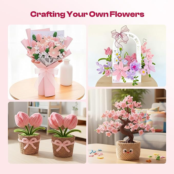 Caydo Pipe Cleaner Flower Kit, 700PCS 7 Colors Chenille Stems with Flower Bouquet Accessories and Tutorial Video for Making Pipe Cleaners Bouquets