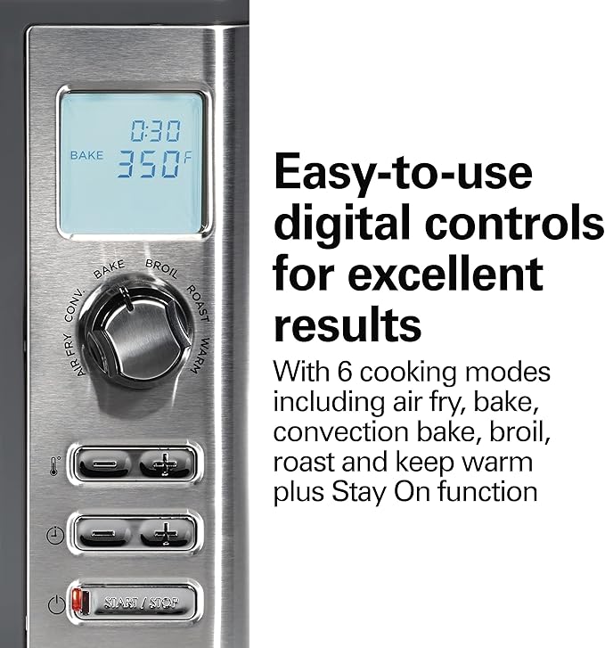 Hamilton Beach Countertop Digital Air Fryer Oven with Sure-Crisp, 6-in-1 Functionality, 150-450⁰F Temp Range, 1800W, XL Capacity for 2 12” Pizzas, Two 9” x 13” Pans and 4 Rack Positions, Grey (31390)