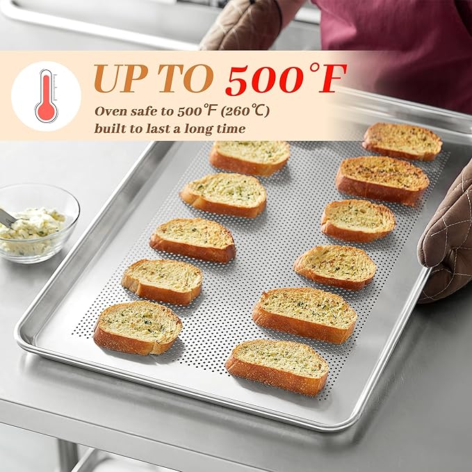6 Pack Perforated Half Size Aluminum Baking Sheet Pans, 18"x13" | NSF, commercial cookie sheets, rolled rim baking pan, for roasting, freezer, bakery, oven safe up to 500℉