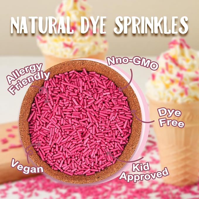 Dye Free Sprinkles Hot Pink No Artificial Dyes Natural Jimmies Valentines Sprinkles for Birthday Cake Decorations Baby Shower, Cookies, Fondant Cake, Dessert Toppings, 4.2oz
