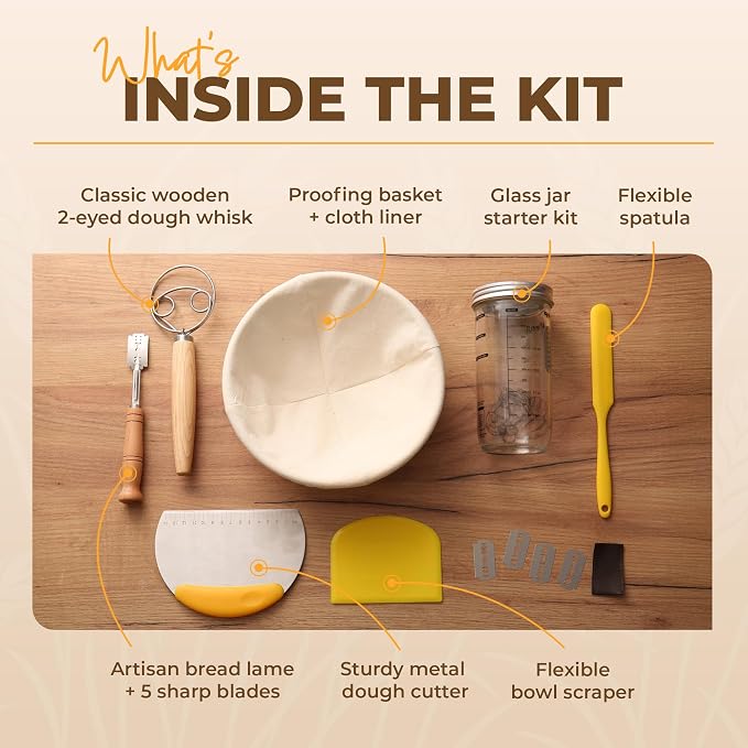 BAKERIA 9" Round Banneton Bread Proofing Basket Set with Starter Jar, Linen Liner, Bread Lame, Dough & Bench Scraper, Bread Whisk – Complete Artisan Sourdough Baking Kit