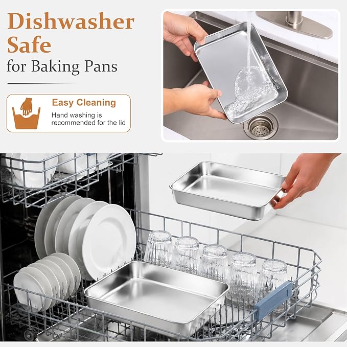 LIANYU Stainless Steel Lasagna Baking Pan with Lid, 9 x 7 x 2 Inch Rectangular Deep Cake Pan Set, Metal Bakeware for Bread Cookie, Oven & Dishwasher Safe (2 Pan +2 Lid)