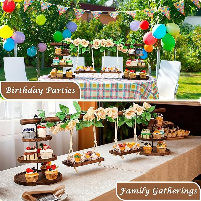 Large Wooden 3 Tier Cupcake Stand with Swing and Rose Decor, Dessert Table Display Set Removable Serving Tray Cupcake Tower Centerpiece for Tea Party Birthday Baby Shower Wedding