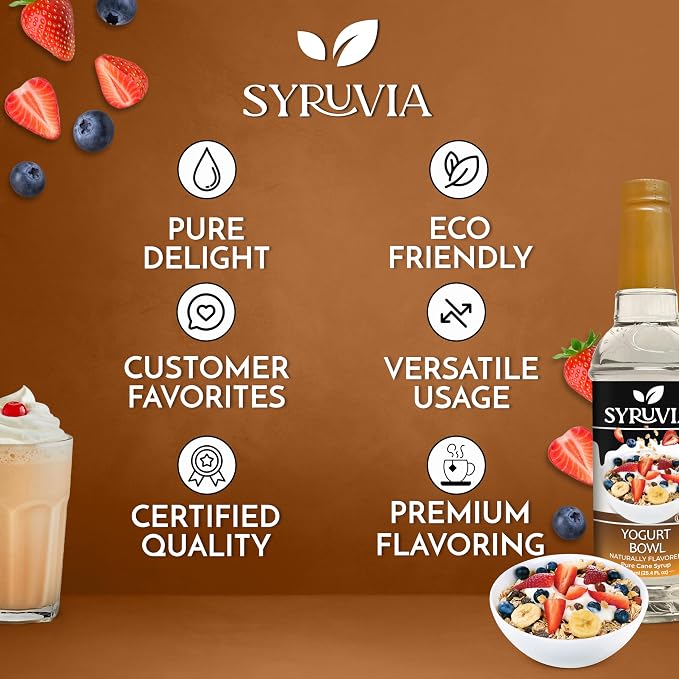 Syruvia Yogurt Bowl Syrup, Naturally Flavored Syrup for Smoothies, Drinks, Lemonades, Iced Teas, and Desserts – 25.4 fl oz - with Pump