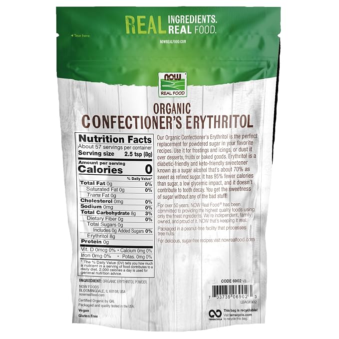 NOW Foods, Organic Confectioner's Erythritol Powder, Replacement for Powdered Sugar, Zero Calories, 1-Pound (Packaging May Vary)