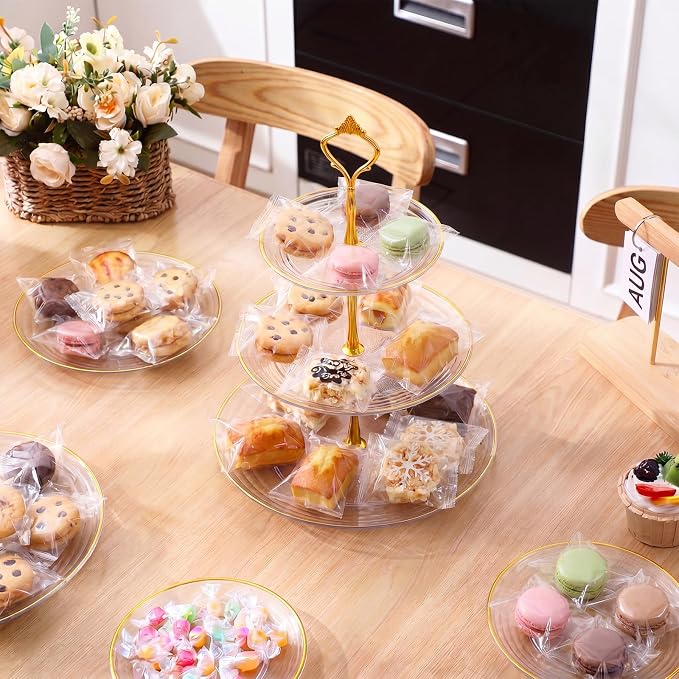 Teenyyou 8 Pack 3 Tier Cupcake Stand Bulk Tiered Dessert Stand Thick Plastic Serving Tray with Gold Edges Dessert Table Display Set Tea Cake Holder for Wedding Birthday Party (Clear Gold,Crown Shaped)