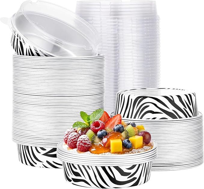 Beasea Disposable Cupcake Pans with Lids, 100 Pack 7.3oz Aluminum Baking Foil Tart Pie Tins, Small Round Tart Containers for Individual Dessert Muffin Cheesecake Quiche Oven Dishes - Zebra Stripes