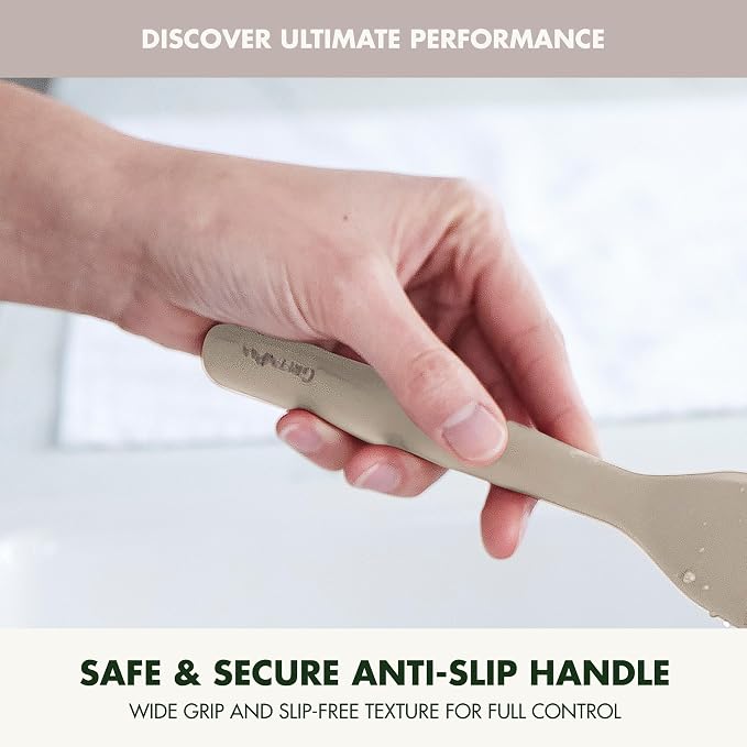 GreenPan Silicone Fish Turner Spatula, Slotted Cooking Kitchen Utensil, Flexible Rubber Nonstick Cookware, Rigid Steel Core, Heat-Resistant, Anti-Slip Handle, BPA-Free, Dishwasher Safe, Taupe