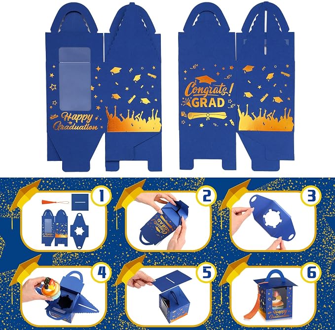 Outus 30 Pcs Graduation Cupcake Boxes Graduation Gift Box Congrats Grad Cupcake Container Candy Boxes with Window and Tassel for 2026 College High School Grad Party(Blue and Orange)