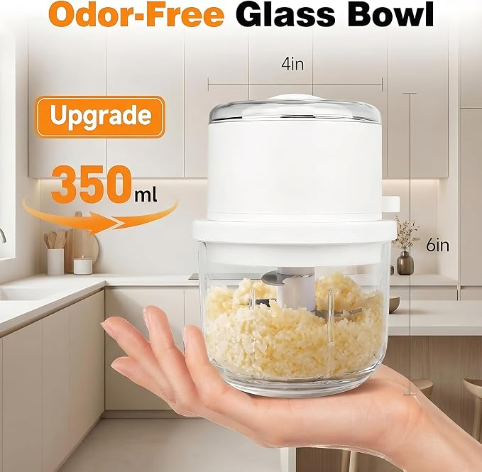 Mini Portable Chopper, Electric Garlic Chopper with Secure 6 Stainless Steel Blades & 350ML Glass Bowl, Cordless Mini Food Processor, 60+ Uses Per Charge for Kitchen, RV & Camping (White)