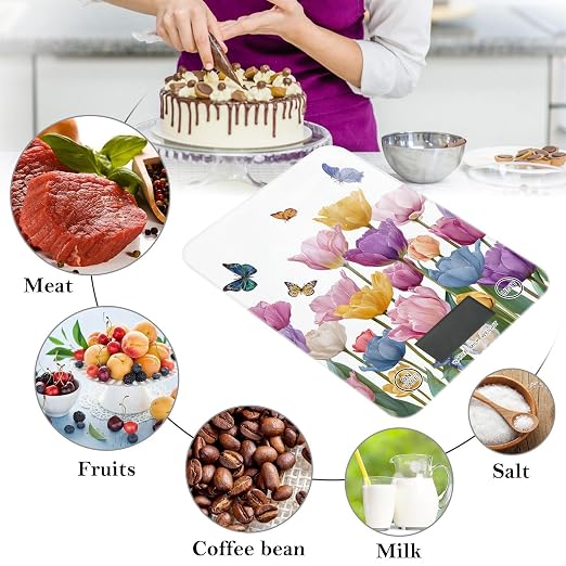 Food Scale Kitchen Scale for Baking Cooking Digital Food Weighing Measuring Scale Small Waterproof Electric Food Scale Light Pink Tulips Butterfly