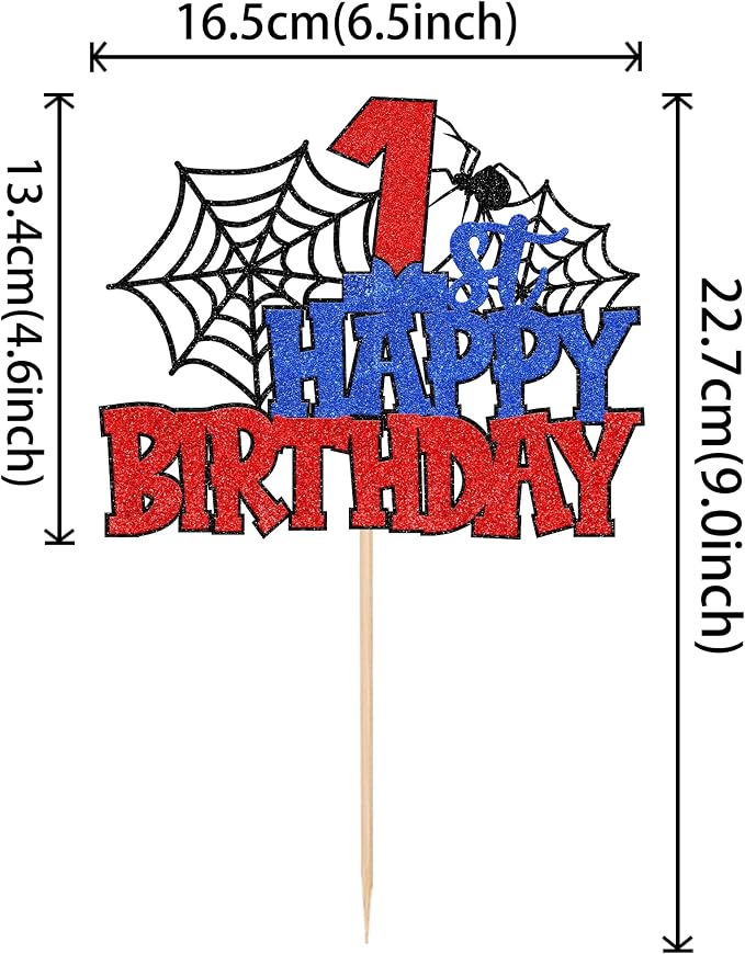 1 PCS Happy 1st Birthday Cake Topper Glitter Spider Web First Birthday Cake Pick Superhero Spider Party Decorations for Baby Shower Boys Girls 1st Birthday Party Cake Decorations Supplies
