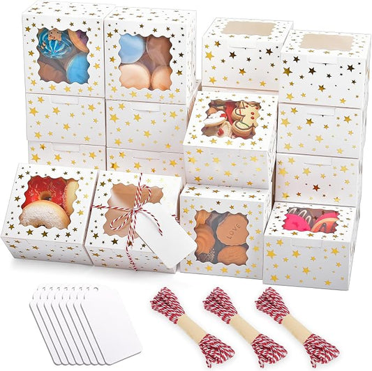 32Pcs 4x4x2.5 in Christmas Cookie Boxes with Window, White Bakery Boxes for Cookie, Treat Boxes Pastry Boxes for Gift Giving, Chocolate Covered Strawberries, Dessert, Donut, Cupcakes Muffins
