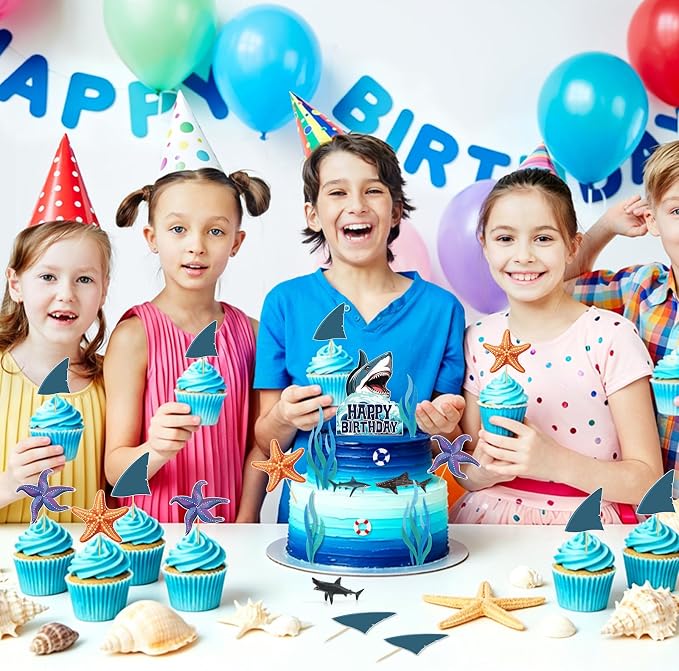Hooqict 24Pcs Shark Cake Decorations Set with Mini Sea Animals Shark Cake Toppers & Cupcake Toppers for Ocean Theme Under the Sea Birthday Party Decorations Supplies