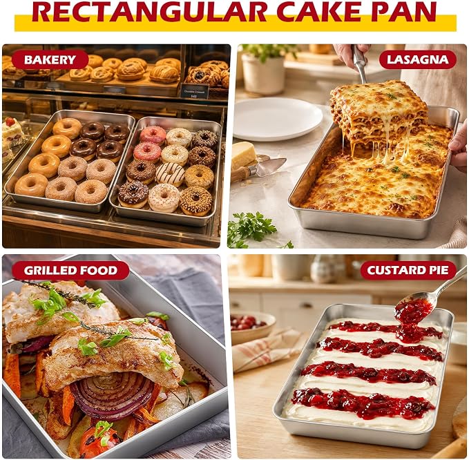 Leonyo 9.3 x 7 Inch Bakeware Cake Pan Set of 6, 2 Inch Deep Lasagna Pan, Rectangle Stainless Steel Baking Tray Sheets for Baking Commercial Kitchen, Focaccia Bread, Casserole Dish