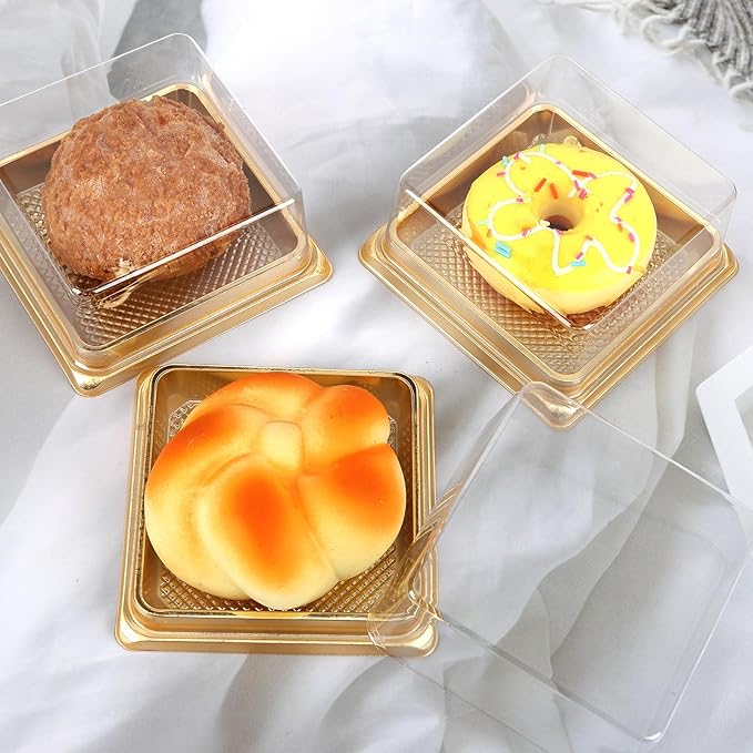 Hewnda 50 Pack of Gold Cake Pans,bottom 3 inch X height 1-1/2 inch of Clear plastic mini cake box muffins box cookies box wedding birthday gift box