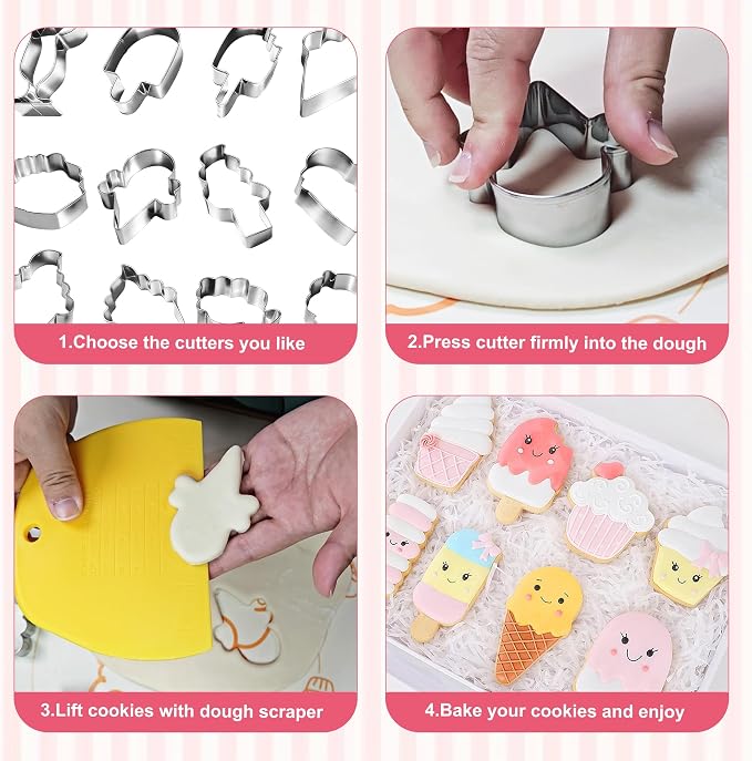 Ice Cream-Themed Cookie Cutter Set - 12Pcs Mini Cookie Cutters Variety Pack with Dough Scraper, Stainless Steel Cookie Mold for Biscuits, Fondant, Sandwiches and Pancakes
