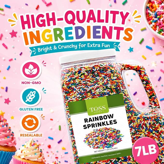 TOSS Rainbow Sprinkles Jimmies, 7 Pounds, Cake Decorating Topping for Baking and Ice Cream, Resealable Container
