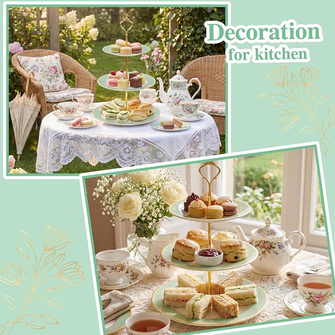 CHENGU 3 Tier Cupcake Stand Green Ceramic with Gold Frame, 10" 9" 7" Dessert Tower for Baby Shower Birthday Wedding Tea Party, Tiered Cake Holder Display for Cupcakes Pastries Fruits