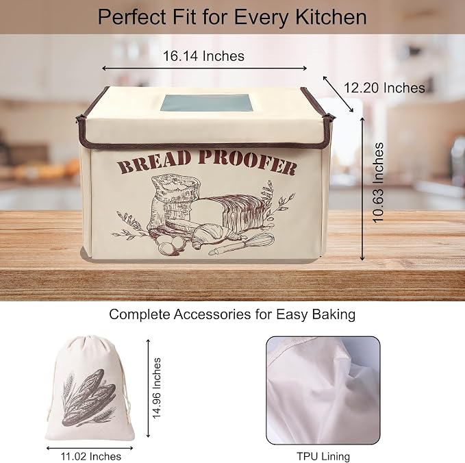 Foldable Bread Proofing Box, Versatile Dough Proofer, Upgraded Warming Basket with 50–113℉ Abjustable Temperature & Timer, Linen Bread Bag, Ideal for Sourdough, Pizza, Yogurt