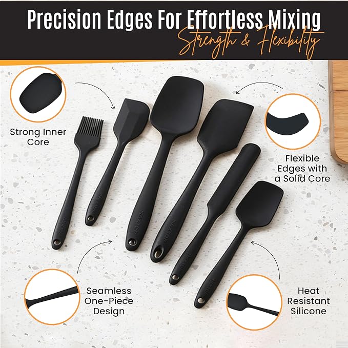NEXTOP Silicone Spatula Set, 6-Piece Kitchen Utensil Set with Silicone Spatulas and Basting Brush, One-Piece Design for Mixing, Baking, Scraping, Stirring and Cooking, Nonstick Friendly (Black Set)