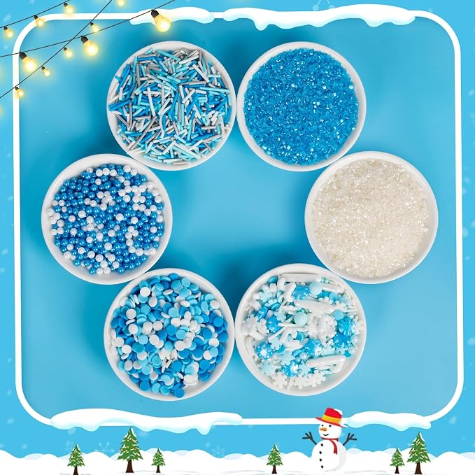 Edible Winter Sprinkles for Cake Decorating,6 Cell with Blue White Silver Gray Decorative Baking Toppings,Nonpareils Sprinkle,Pearls and Jimmies,Round Confetti,Snowflakes Candy Cane Rods,Sanding Sugar,Holiday Sprinkle for Cupcake Toppers,Cookie,Donut,B...