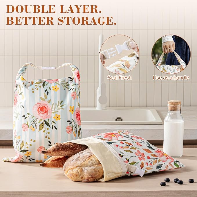 Beeswax Bread Bag, 2 Pack Sourdough Bread Bags, Reusable Bread Bags for Homemade Bread, Organic Cotton Beeswax Sourdough Bags, Wildwood Bloom Series