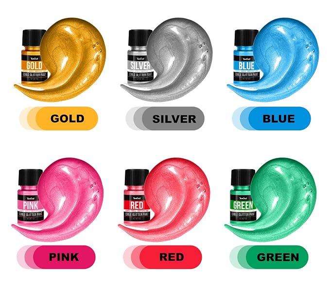 Edible Glitter Paint Set, 6 Food Colors with Gold, Blue, Silver, Green, Red, Pink, Food Grade Liquid Luster Dust for Chocolate, Drinks, Cake, Candy, Shimmering Powder Glitter for Christmas Festival
