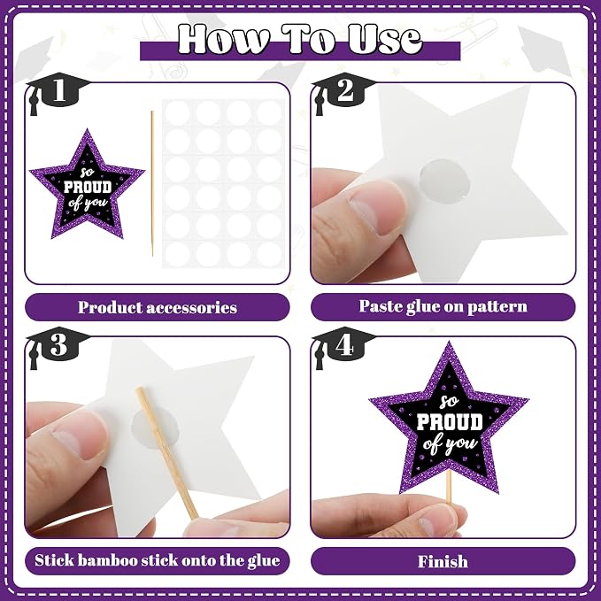 48 PCS Graduation Cupcake Toppers, 6 Styles Congrats Grad Cake Topper 2026, Graduation Decorations, Glittery Black and Purple Cap and Diploma Cake Picks for Grad Party Decor Supplies